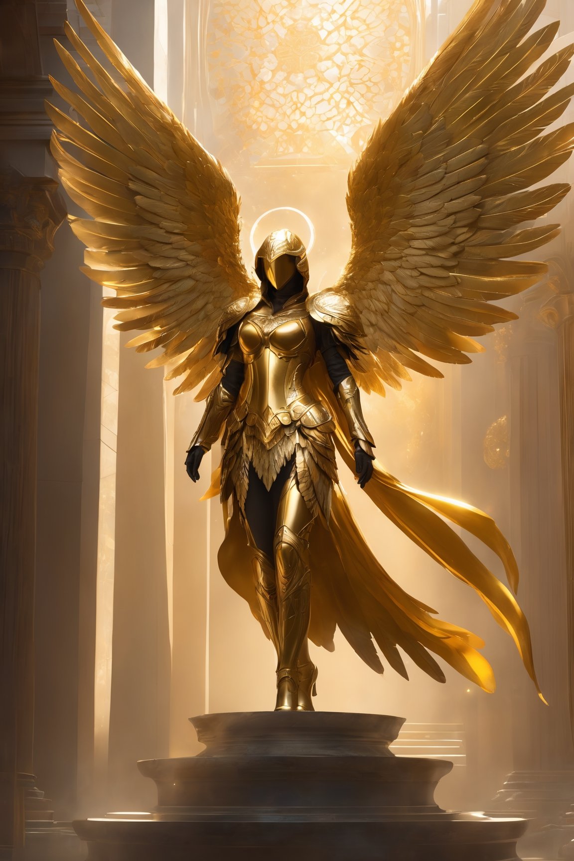 (golden armored angel,wings made of energy,metal halo,faceless,hooded,concept art),(ultra-realistic,character art by Greg Rutkowski),(gold,fantasy),(metallic texture),(ethereal glow),(mysterious lighting),(detailed feathers),(regal pose),(floating in air),(magical atmosphere),(dynamic composition),(subtle color palette),(epic),(no background),(detail focused),(high resolution:1.2),(captivating),(intricate design),(emblem on chest),(ethereal),(angelic),(striking contrast),(ornate),(heavenly),(grandeur),(elaborate wing structure)