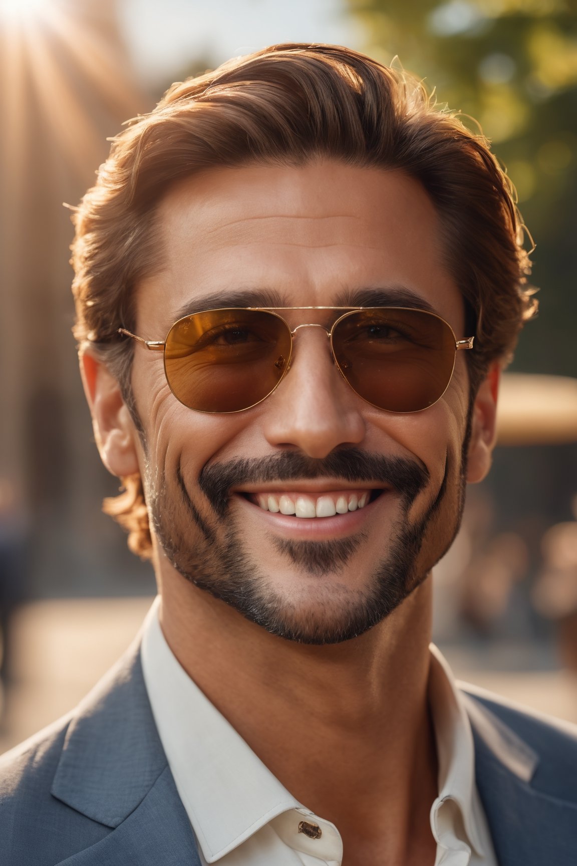 (best quality,8K,highres,masterpiece), ultra-detailed, (photo-realistic, lifelike) close-up portrait of a man with a warm smile, stylish sunglasses, and a relaxed outdoor ambiance. The cinematic lighting adds depth and character to this outdoor photo-realistic masterpiece.