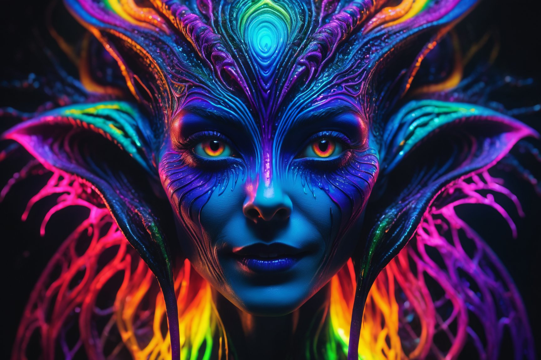 best quality, 8k, ultra-detailed, realistic:1.37, vibrant colors, vivid shading, breathtaking portrait of an alien shapeshifter entity, mesmerizing eyes, intricate facial details, otherworldly skin texture, insane smile, unnerving and intricate complexity, surreal horror atmosphere, dark shadows, inverted neon rainbow drip paint, ethereal glow, hypnotic energy, transcendent beauty, mystical aura, octane render
