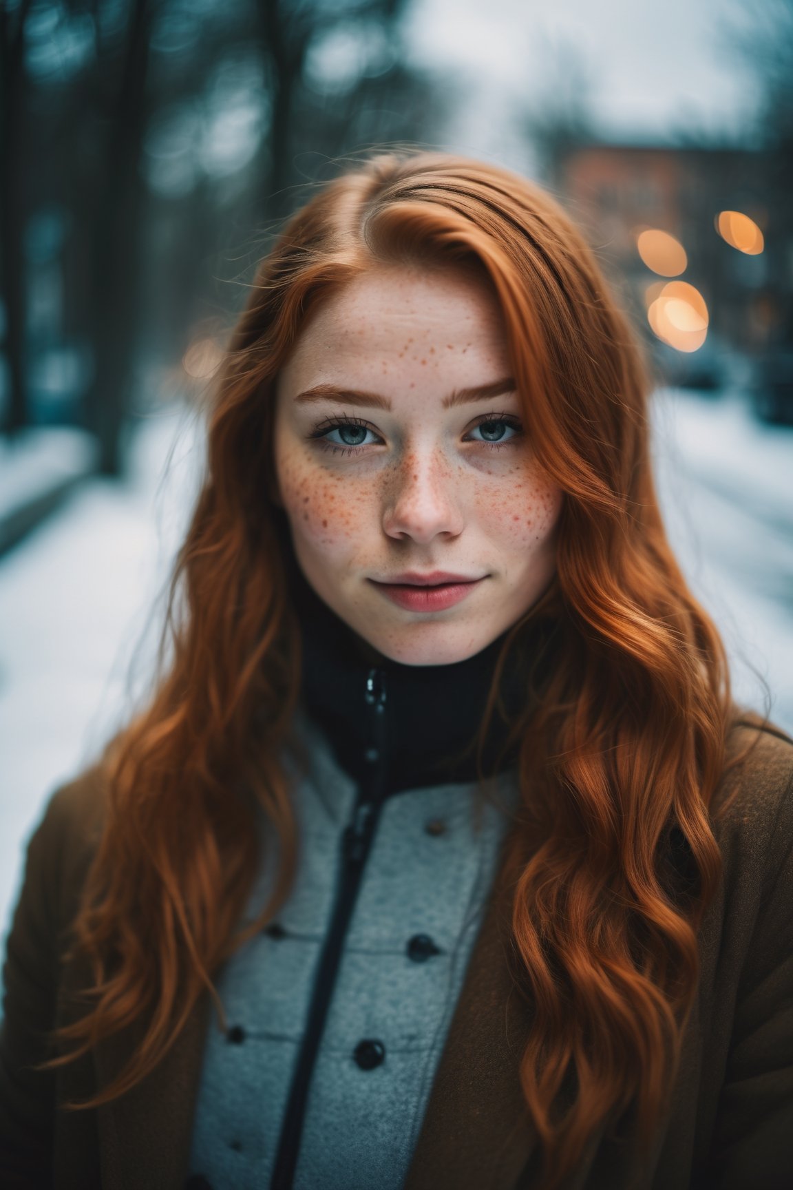closed lips, cute smile, cinematic photo (art by Mathias Goeritz:0.9) , photograph, Lush Girlfriend, Tax collector, Rich ginger hair, Winter, tilt shift, Horror, specular lighting, film grain, Samsung Galaxy, F/5, (cinematic still:1.2), freckles . 35mm photograph, film, bokeh, professional, 4k, highly detailed
,1 girl,midjourney,yuzu, perfect, fingers,