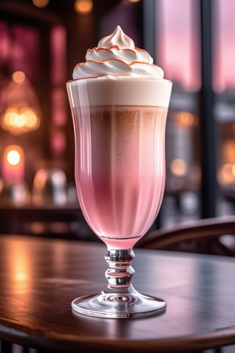 a magical fairy latte, in a transparent pink-tinted glass, high quality, inside of a fairy cafe, 8k, concept art, elegant 
