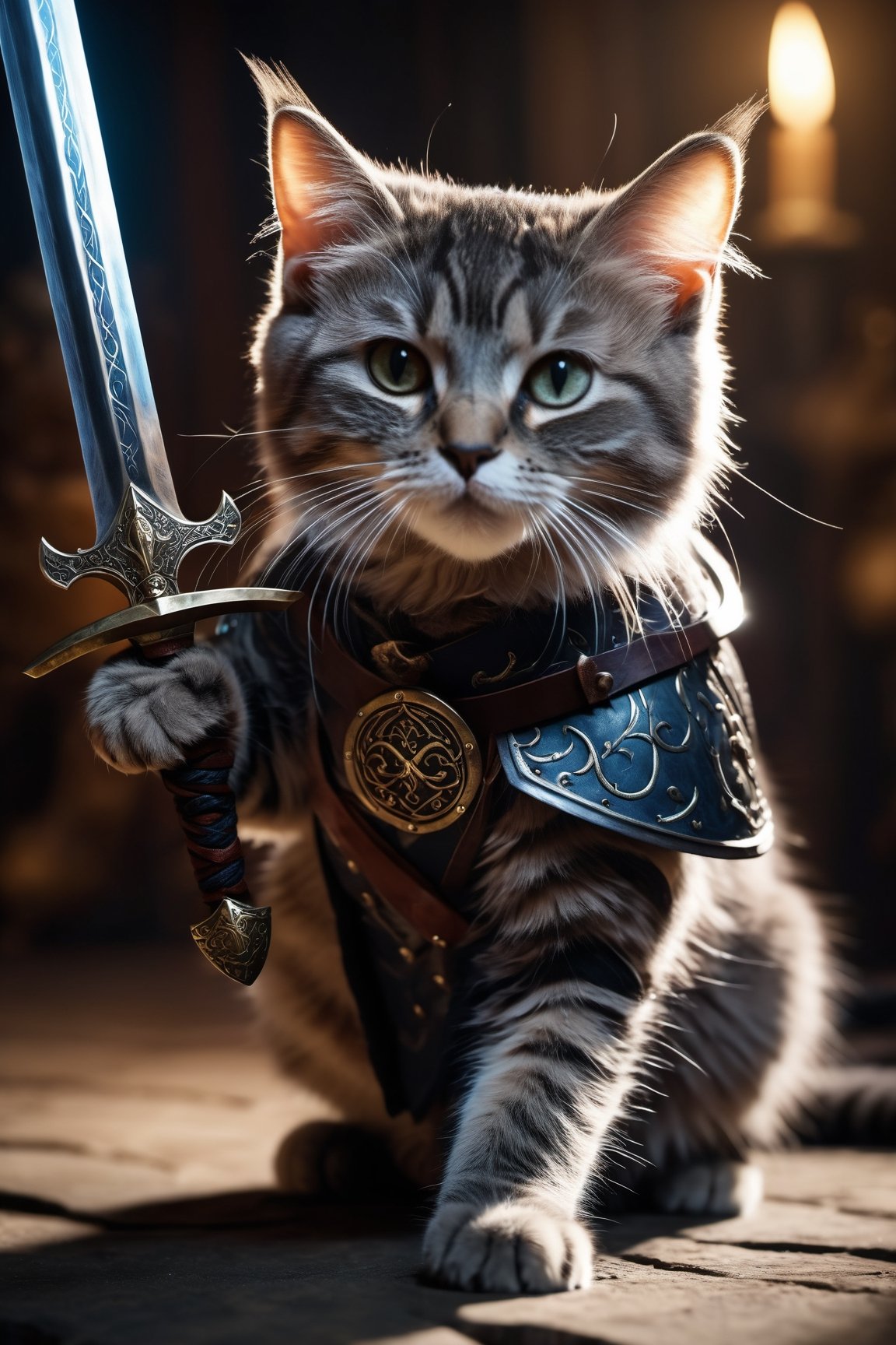 ((photo:1.2)), A cute cat battle mage, sword and shild with runes, dramatic lighting, dynamic pose, dynamic camera,masterpiece, best quality, dark shadows, ((dark fantasy)), detailed, realistic, 8k uhd, high quality
