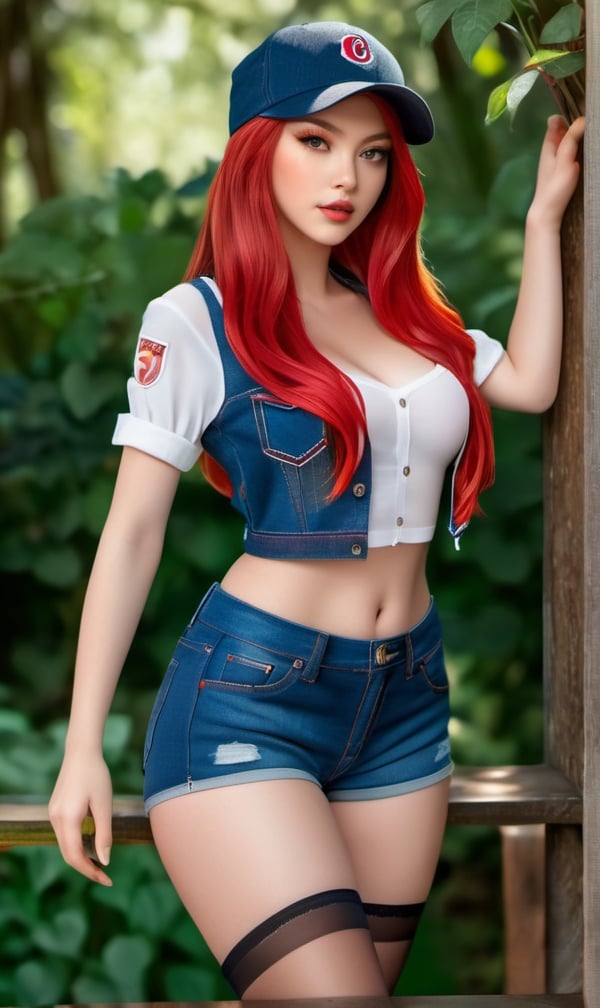 (masterpiece), (best quality), (ultra-detailed), Ultra detailed masterpiece best quality, 1girl, crimson hair, long hair, red eyes, (bright pupils:1.3), (cap:1.3), (blush:1.3), open outfit, medium breasts, bra, denim shorts, black pantyhose, hands down, outdoors, best quality, ultra detailed, realistic