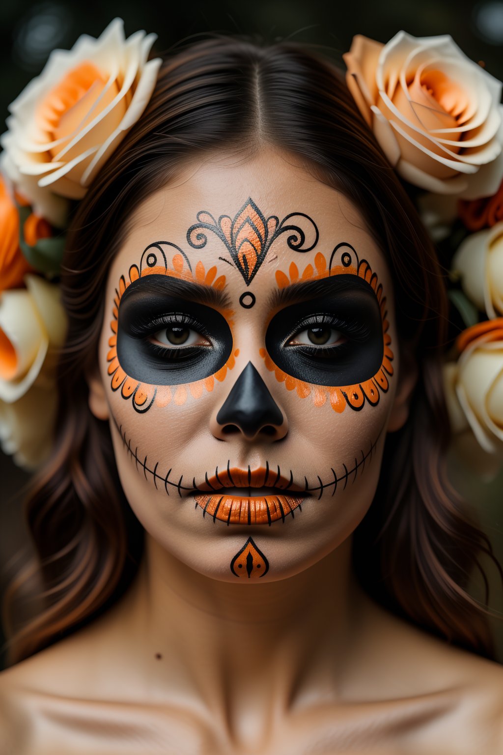 (Best quality, 8k, 32k, Masterpiece, UHD:1.2),  full body potrait of a woman with Catrina makeup, dia de los muertos, white make up, orange, white face makeup base,black makeup, emulating a skull with the make up, orange flowers as ornament in hair, many orange flowers, wearing a gown, and attractive features, eyes, eyelid,  focus, depth of field, film grain,, ray tracing, ((contrast lipstick)), slim model, detailed natural real skin texture, visible skin pores, anatomically correct, night, cemetary background,  Catrina,(PnMakeEnh),,,<lora:659111690174031528:1.0>