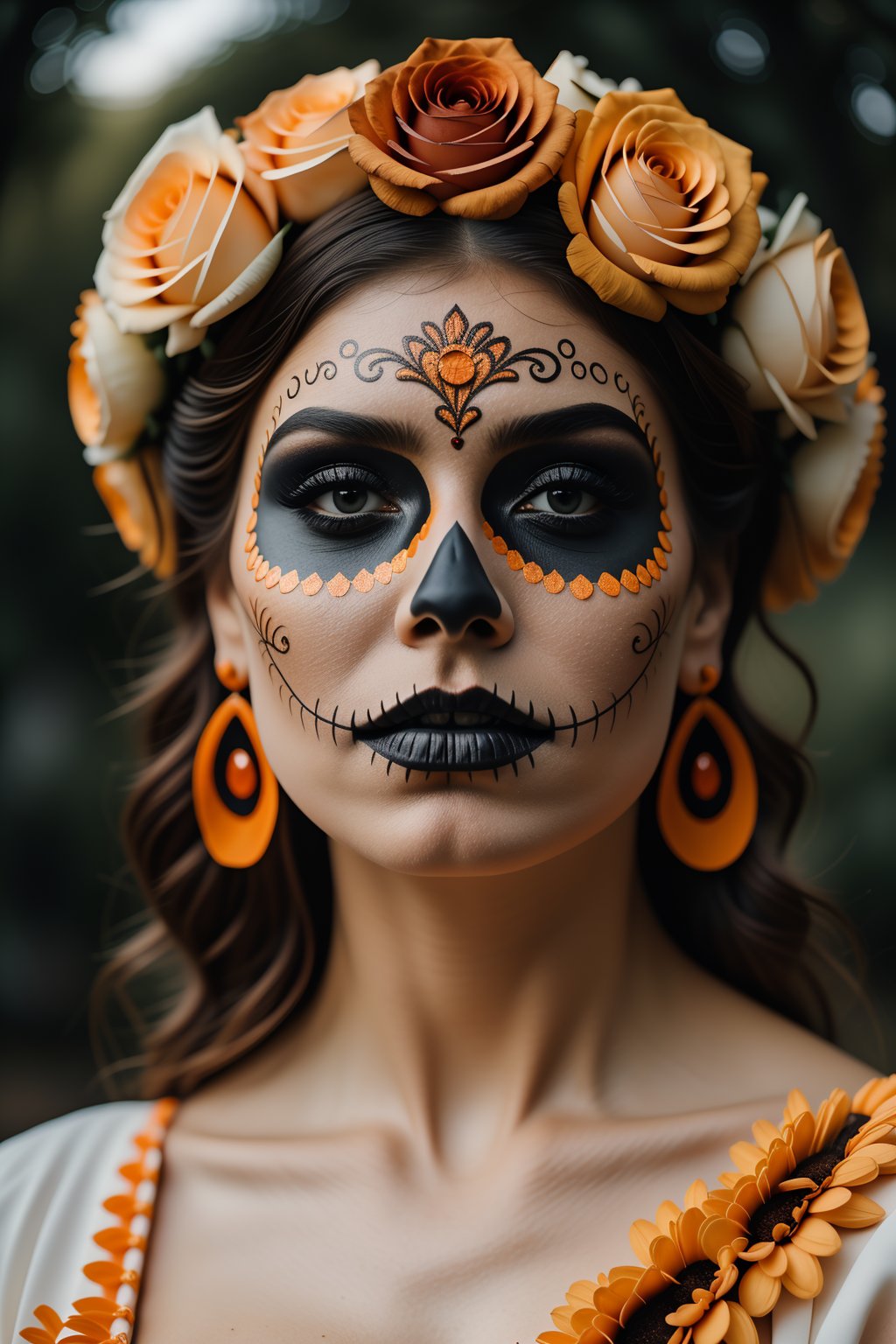 (Best quality, 8k, 32k, Masterpiece, UHD:1.2),  full body potrait of a woman with Catrina makeup, dia de los muertos, white make up, orange, white face makeup base,black makeup, emulating a skull with the make up, orange flowers as ornament in hair, many orange flowers, wearing a gown, and attractive features, eyes, eyelid,  focus, depth of field, film grain,, ray tracing, ((contrast lipstick)), slim model, detailed natural real skin texture, visible skin pores, anatomically correct, night, cemetary background,  Catrina,(PnMakeEnh),,,<lora:659111690174031528:1.0>