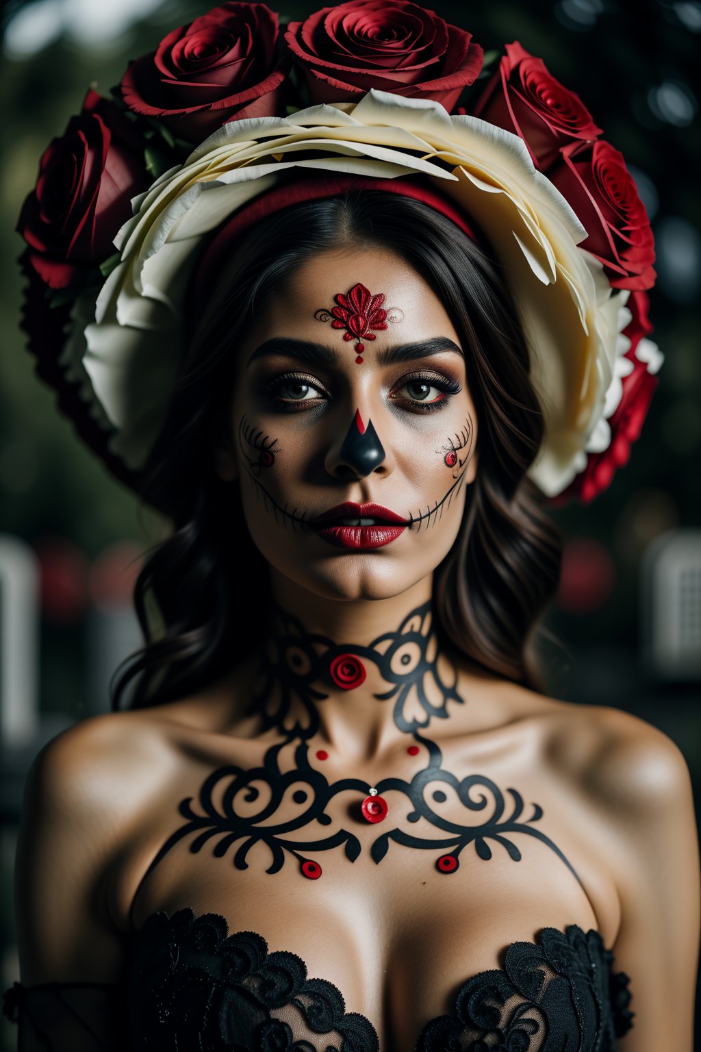 (Best quality, 8k, 32k, Masterpiece, UHD:1.2),   a woman in a red hat with black roses on her head, dia de los muertos, dress and make up, dia de los muertos make up, ((dia de los muertos)), and attractive features, eyes, eyelid,  focus, depth of field, film grain,, ray tracing, ((contrast lipstick)), slim model, detailed natural real skin texture, visible skin pores, anatomically correct, (midnight), moonlight cemetary background,  Catrina,(PnMakeEnh),,,,<lora:659111690174031528:1.0>