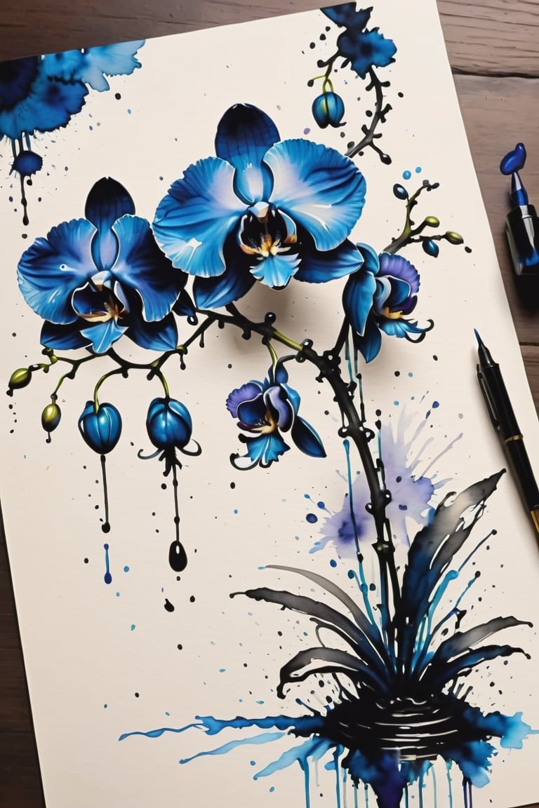 a 3 flower'd blue orchid, Inkstains, high quality, beautiful, highly detailed, 8k, unfinished black ink