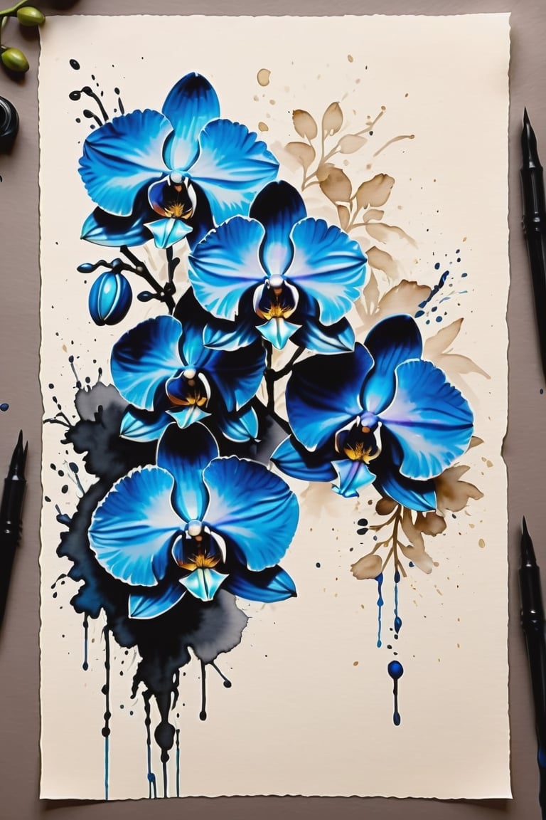 a 3 flower'd blue orchid, Inkstains, high quality, beautiful, highly detailed, 8k, unfinished black ink