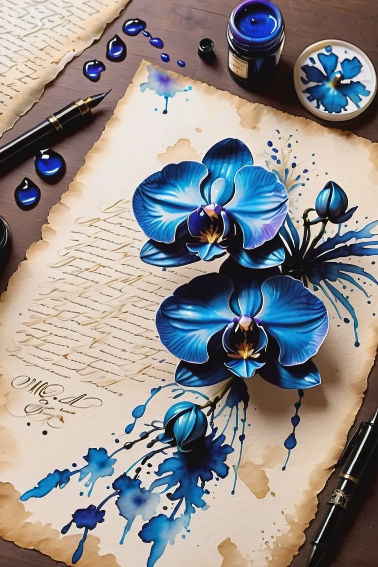 a 3 flower'd blue orchid, Inkstains, high quality, beautiful, highly detailed, 8k, unfinished black ink, crooked parchment paper