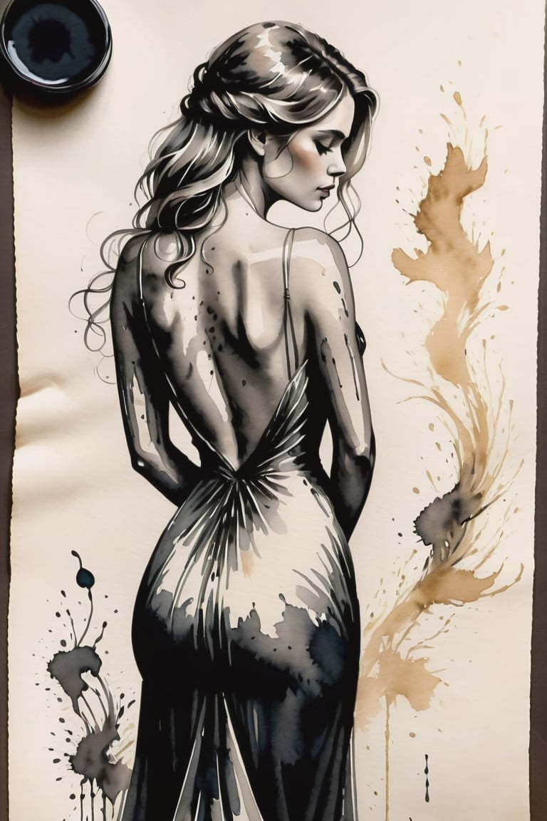 a body study of a beautiful woman, from behind, curved back, gossamer gown Inkstains, high quality, beautiful, highly detailed, 8k, unfinished black ink
