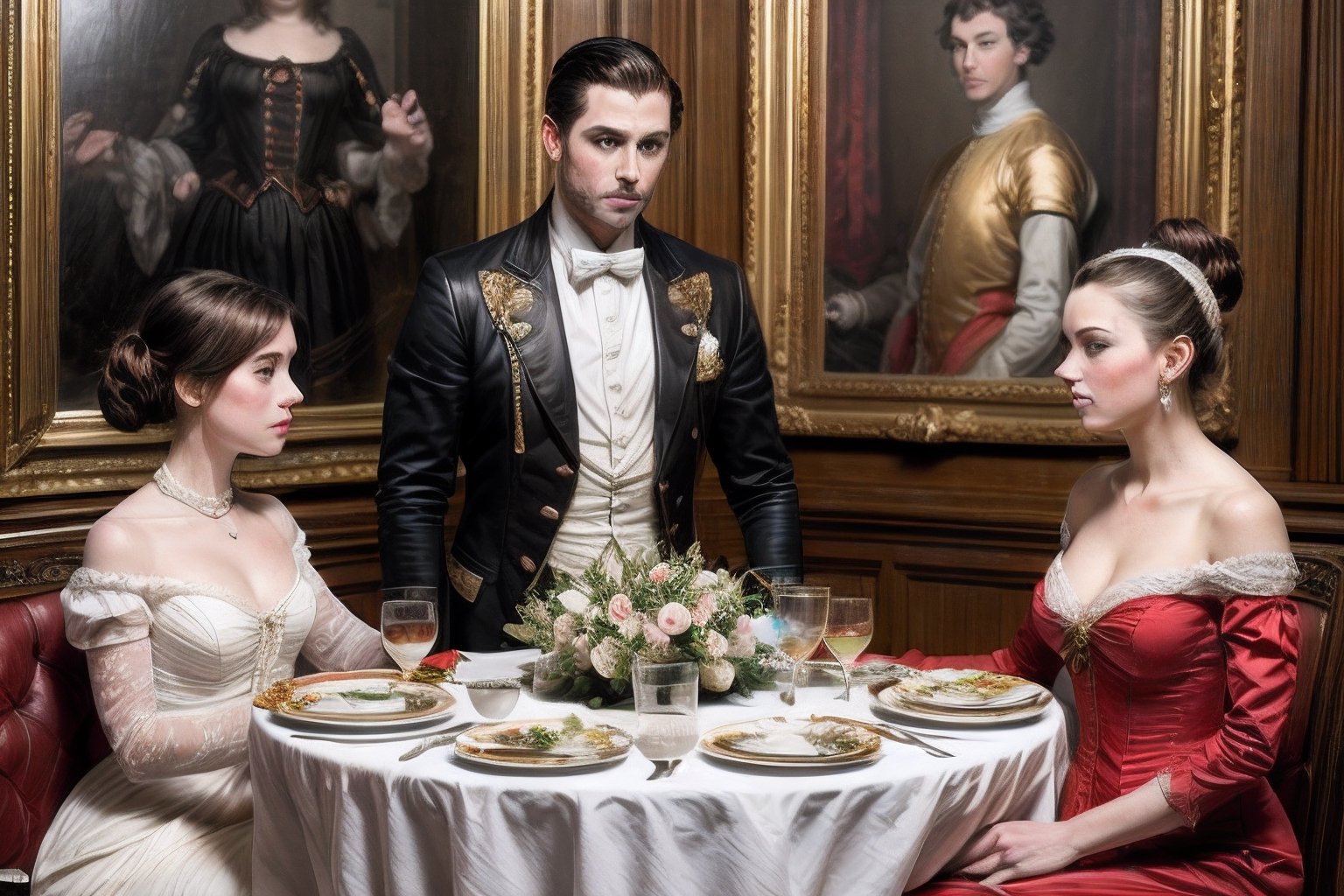 Realistic, Beautiful Women, noble banquet, 1boy handsome men, Rococo Style, 
,Rococo Style