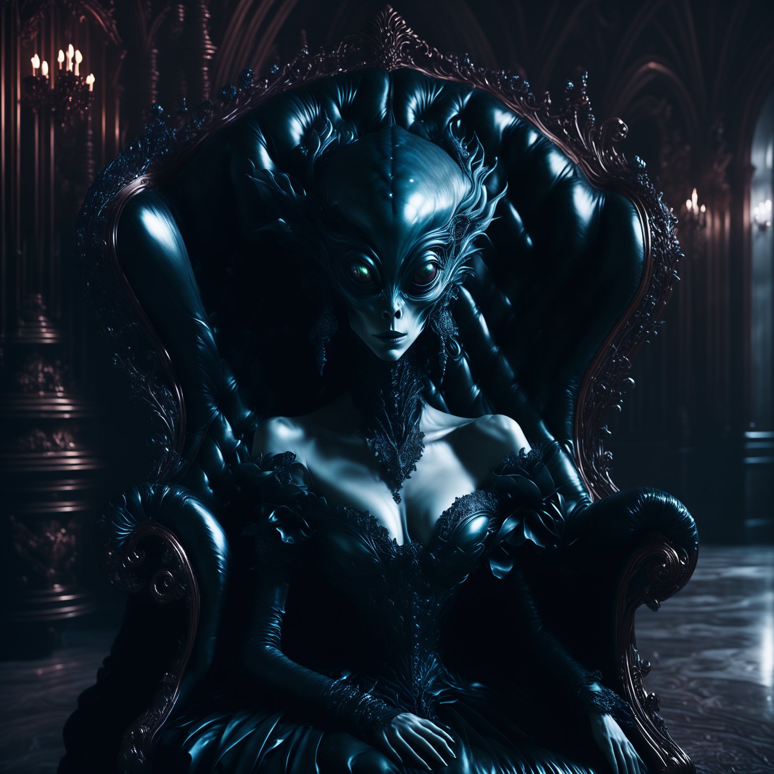 a alien in a black dress sitting on a armchair in a dark room with a chandelier, dark style, darkness, fantasy, gothic, horror, 