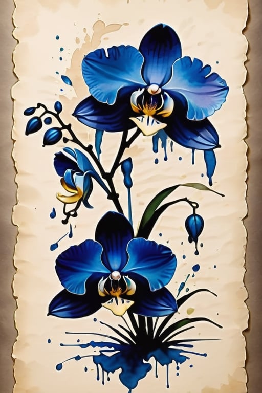 blue orchid with 5 petals in each flower, 8k, unfinished ink, crooked parchment paper