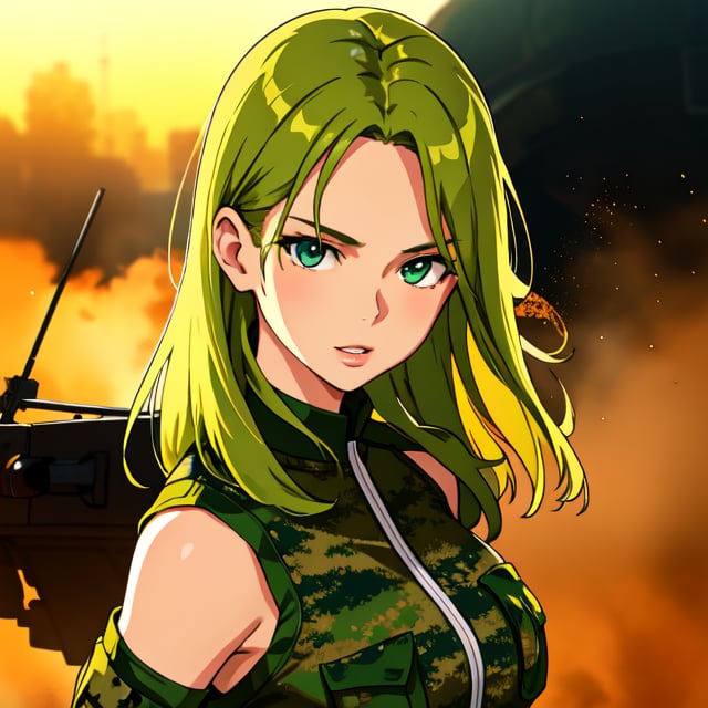 extremely detailed eyes,lips,face,beautiful girl,green camouflage clothes,military tank,spacious green field,dusty atmosphere,detail view of the tank,action pose of the girl,explosion in the background,smoke and dust-filled air,dynamic lighting effects,highres,ultra-detailed portrait,realistic,photorealistic,professional,sharp focus,physically-based rendering,vivid colors,military landscape,portraits,photography,gun