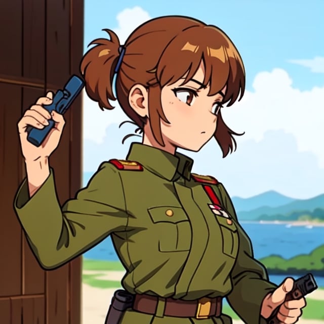 Military uniform  light brown a girl  japanese commander with a gun in hands