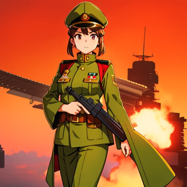 Military uniform  light brown a girl  japanese commander with a gun in hands