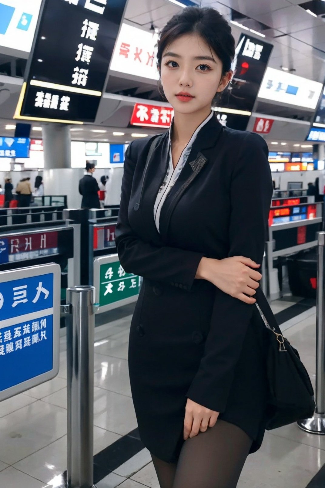 best quality,masterpiece,real,realistic,photo,photorealistic,looking at viewer,cowboy shot,hna uniform,1girl,solo,an extremely delicate and beautiful girl,standing,v arms,airport,terminal,(black pantyhose),<lora:HNA uniform cheongsam:0.7>,burst milk,chest tightness,BIG BOOBS,highlighting the chest,