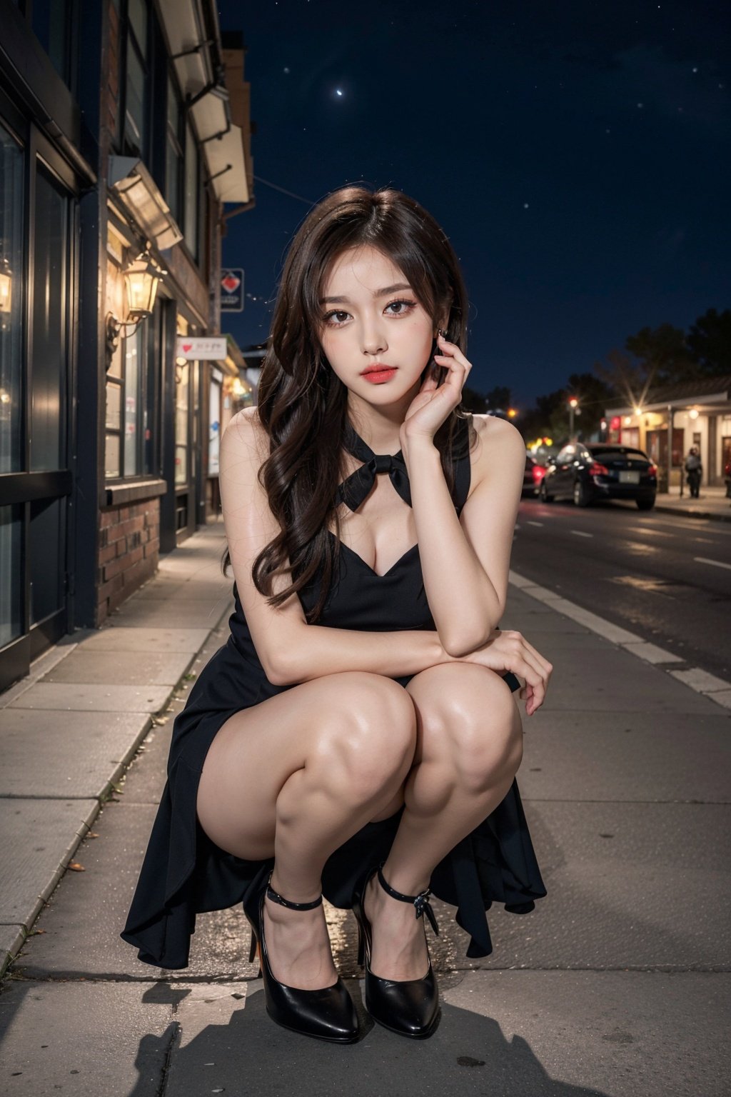 1girl, <lora:dreamGirl:0.7>,(masterpiece),(best quality),realistic,HDR,UHD,8K,make up,blush,earring,heart,squatting,transparent high heels,legs,flower,bow,magnificent_architecture,night,looking at viewer,