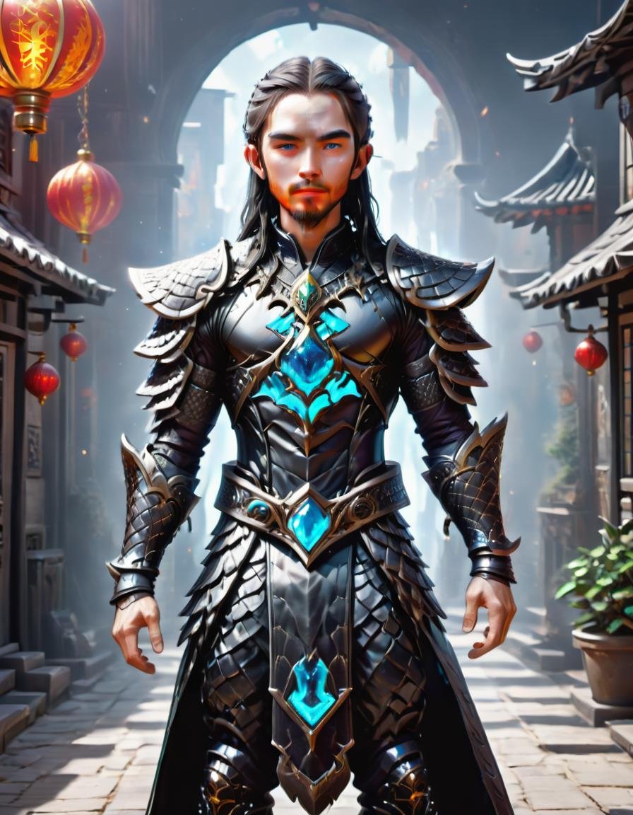 ( fullbody shot:3.0) maLe Retirement age Ripped, Central Asian, Gray eyes,    Unique Jaw, Round Cheeks, Asymmetrical Forehead,  Long Legs, Friendly Mutton Chops Beard , Black Long and straight hair, Amusement, wearing F41Arm0rXL <lora:Fae_Armor_XL:1>