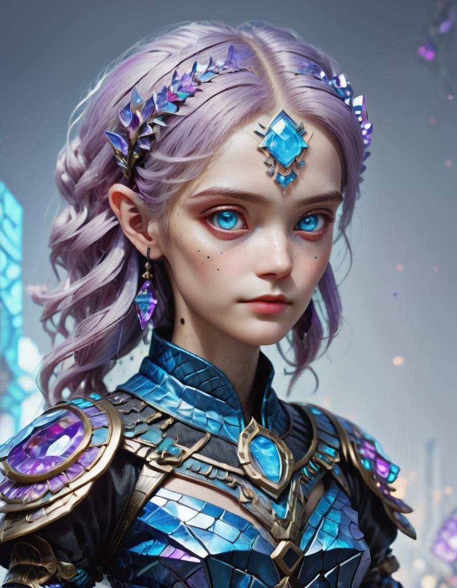 ( fullbody shot:3.0) Elderly, Well-defined, Greek, Blue eyes,   Pointed Chin,  Hollow Cheeks, Unusual Forehead,  Sculpted Quadriceps, Birthmarks, Lilac Long Bob hair, Puzzlement wearing F41Arm0rXL <lora:Fae_Armor_XL:1>