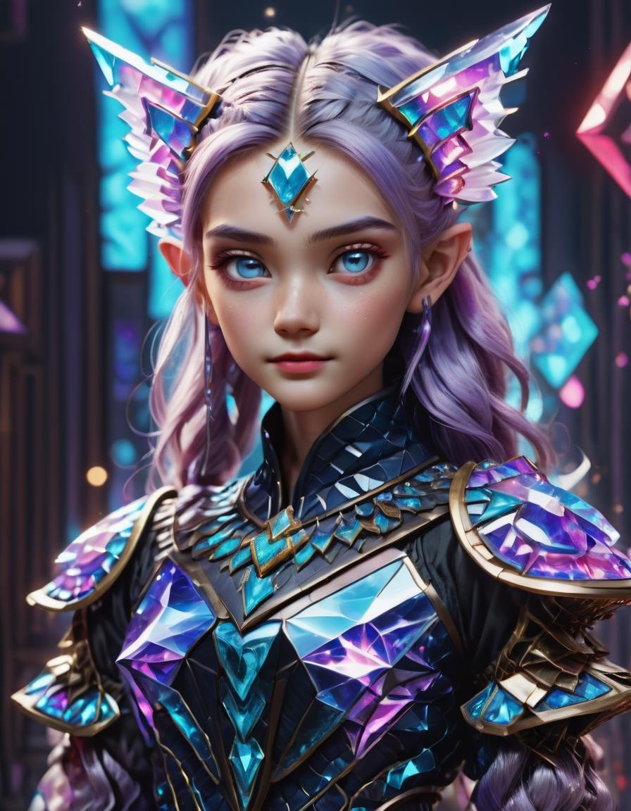 ( fullbody shot:3.0) Senior, Tall, Latin American, Blue eyes,   Pointed Chin,  Unique Cheeks,  Diamond face shape with Angular Cheeks,   , Lilac Messy bun hair, Admiration wearing F41Arm0rXL <lora:Fae_Armor_XL:1>