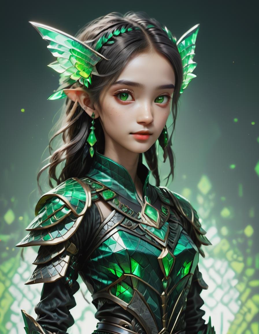 ( fullbody shot:3.0) Eighteen, Compact, Middle Easterner, Gray eyes, Elongated Ears, Snub Nose, Tapered Chin,   Symmetrical Forehead,  Cute Navel,  , Green Shag haircut hair, Delight wearing F41Arm0rXL <lora:Fae_Armor_XL:1>