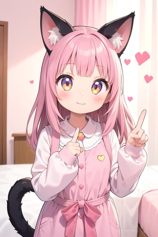 1girl,  cat girl,  animal ears,  tail,  looking at viewer,  smile,  peace sign,  pink kawaii room,  heart item,  ribbon,  standing,  upper body
