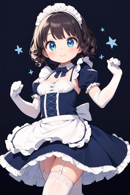 1girl, kawaii, smile, short hair, (curly hair:1.1), blue maid costume, lace trim blue thighhighs, maid headdress, lace trim elbow gloves, looking at viewer,