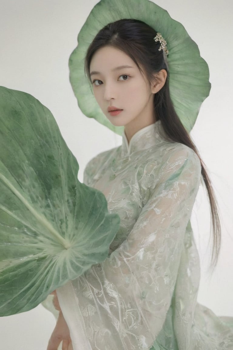 Ancient Chinese Beauty, wearing Hanfu, standing by one enormous lotus leave with intricate patterns, median transparent/translucent lotus leave, soft glow, in the style of Albert Watson, minimalism, light emerald and white, simple white background, surrealist, feminine sensibilities,monkren