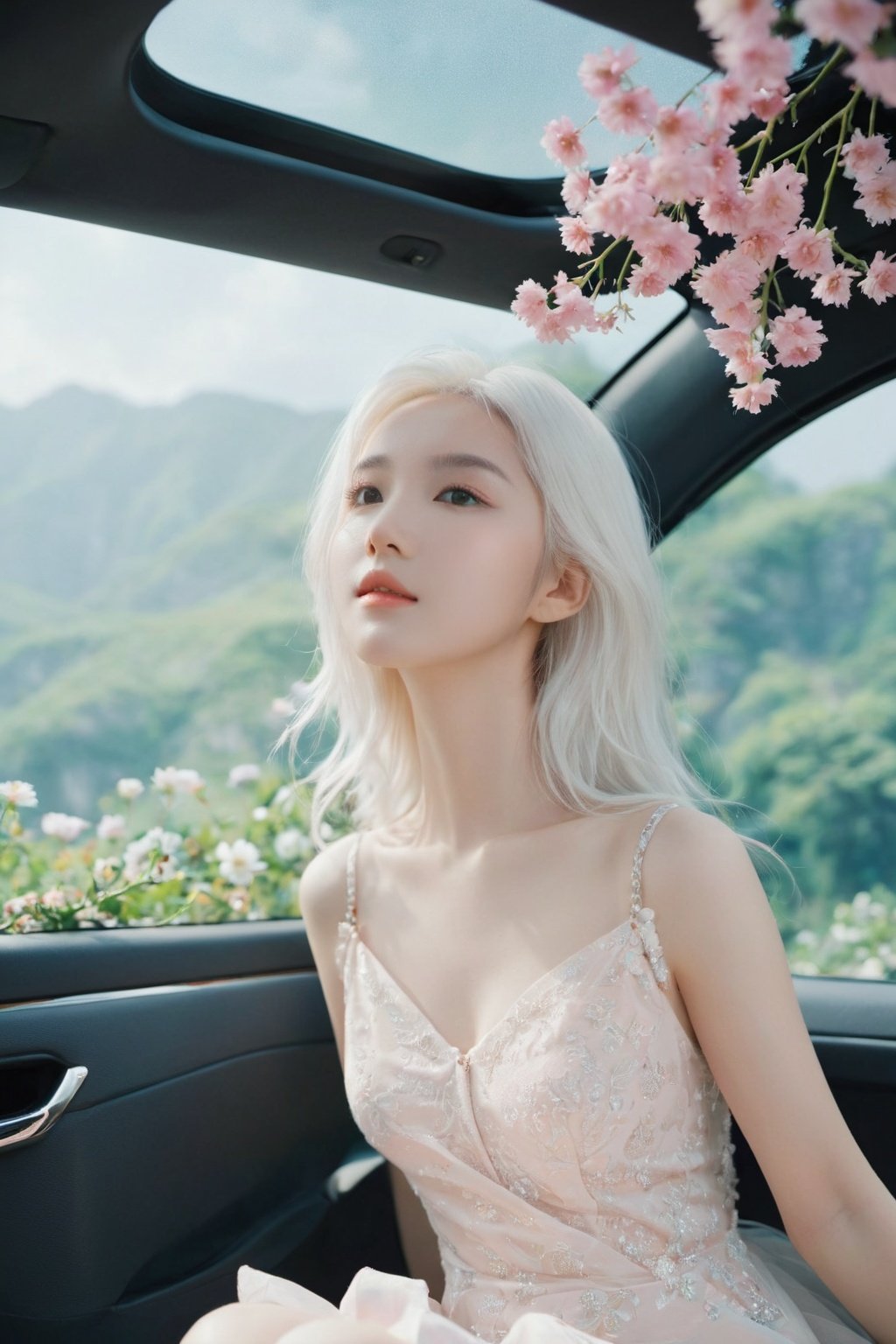 ethereal fantasy concept art of cinematic film still, chinese girl, a girl with white hair sitting in car filled with flowers, art by Rinko Kawauchi, in the style of naturalistic poses, vacation dadcore, youth fulenergy, a cool expression, body extensions, flowersin the sky, ****og film, super detail, dreamy lofi photography, colourful, covered in flowers andvines, Inside view, shot on fujifilm XT4 . shallow depth of field, vignette, highly detailed, high budget, bokeh, cinemascope, moody, epic, gorgeous, film grain, grainy . magnificent, celestial, ethereal, painterly, epic, majestic, magical, fantasy art, cover art, dreamy
,monkren