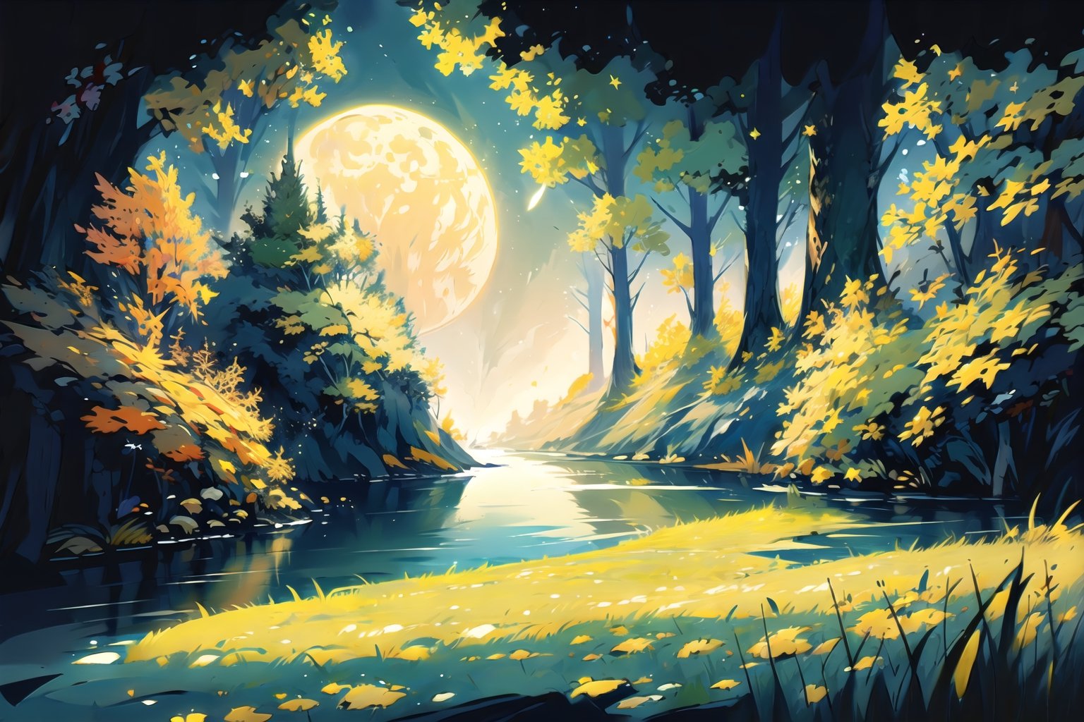 midnight, star and moon ,in the forest,  trees, river, grass ,EpicArt