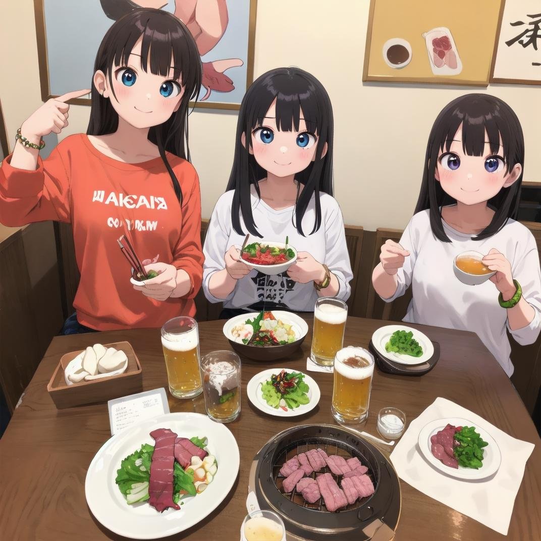 masterpiece, best quality, ultra-detailed, illustration,smokeless_roaster, grill, yakiniku, japan, food, cup, multiple girls, 2girls, jewelry, meat, salad, holding, bracelet, black hair, holding cup, eating, plate, alcohol, bowl, restaurant, drinking glass, shirt, indoors, chopsticks, mug, beer, smile, looking at viewer, rice, table, long hair, blurry, beer mug, sitting <lora:smokelessroaster_V21:1>