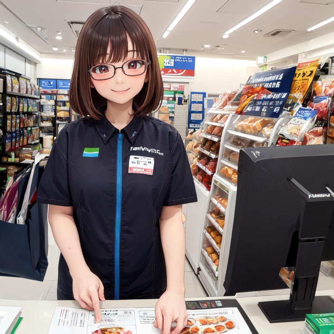 masterpiece, best quality, ultra-detailed, illustration,famimaU, employee uniform, japan, id card, uniform, name tag, shirt,1girl, glasses, brown hair, smile, looking at viewer, famima, scenery, indoors, japan, shop, shirt, food, cashier, monitor,<lora:FAMIMA_scenery_SD15_V1:0.8>
