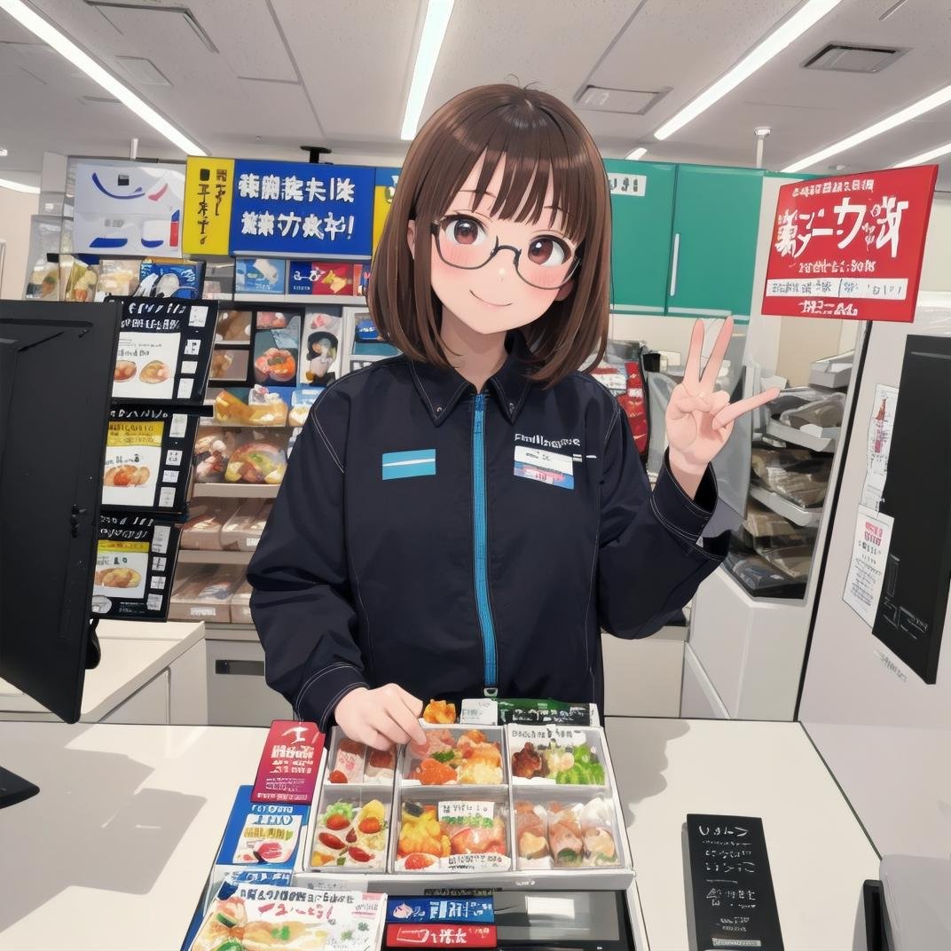 masterpiece, best quality, ultra-detailed, illustration,famimaU, employee uniform, japan, 1girl, solo, glasses, brown hair, looking at viewer, shirt, smile, indoors, long sleeves, holding, medium hair, famima, scenery, indoors, japan, shop, shirt, food, cashier, monitor,   <lora:FAMIMA_scenery_SD15_V1:0.8>