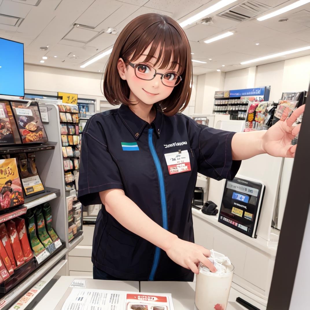 masterpiece, best quality, ultra-detailed, illustration,famima, scenery, indoors, japan, shop, ceiling, cashier, monitor, famimaU, employee uniform, japan, id card, uniform, name tag, shirt,1girl, glasses, brown hair, smile, looking at viewer, <lora:FAMIMA_scenery_SD15_V1:0.8>