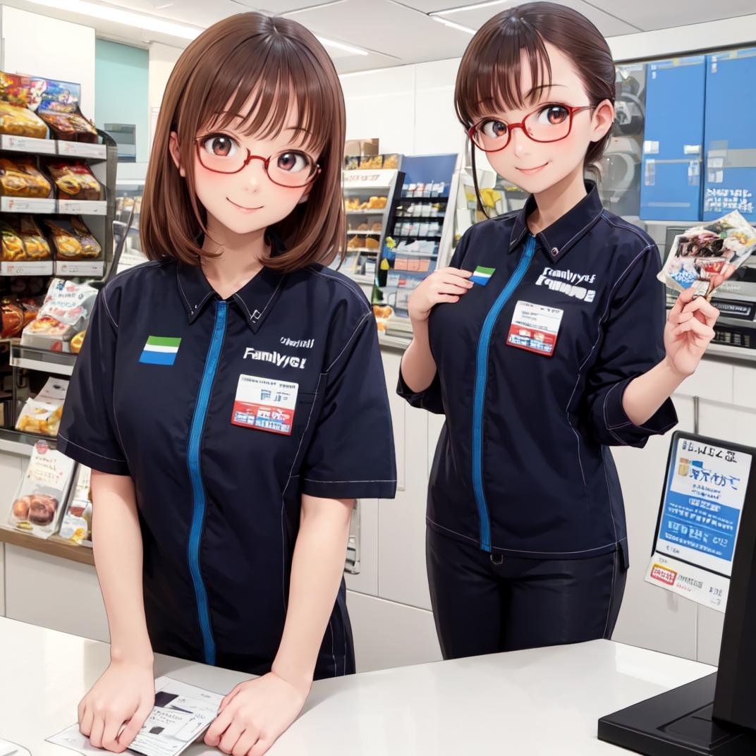 masterpiece, best quality, ultra-detailed, illustration,famimaU, employee uniform, japan, id card, uniform, name tag, shirt,1girl, glasses, brown hair, smile, looking at viewer, famima, scenery, indoors, japan, shop, shirt, food, cashier, monitor,<lora:FAMIMA_scenery_SD15_V1:0.8>
