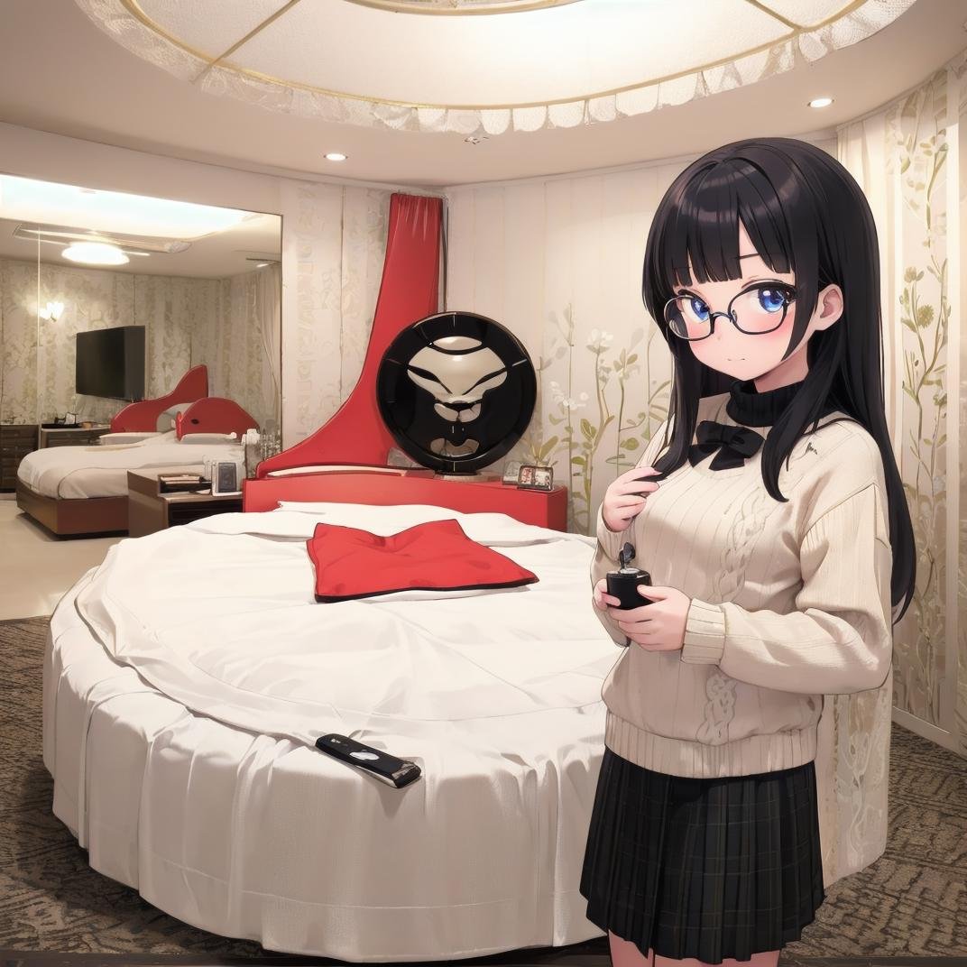 masterpiece, best quality, ultra-detailed, illustration,1girl, solo, glasses, black hair, long hair, ribbed sweater, skirt, looking at viewer, cowboy shot, embarrassed, solo focus, retro_lovehotel, japan, bed, indoors, chair, lamp,   <lora:retro_lovehotel_SD15_V1:0.5>