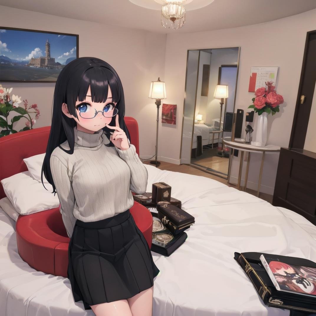 masterpiece, best quality, ultra-detailed, illustration,1girl, solo, glasses, black hair, long hair, ribbed sweater, skirt, looking at viewer, cowboy shot, embarrassed, solo focus, retro_lovehotel, japan, bed, indoors, chair, lamp,   <lora:retro_lovehotel_SD15_V1:0.5>