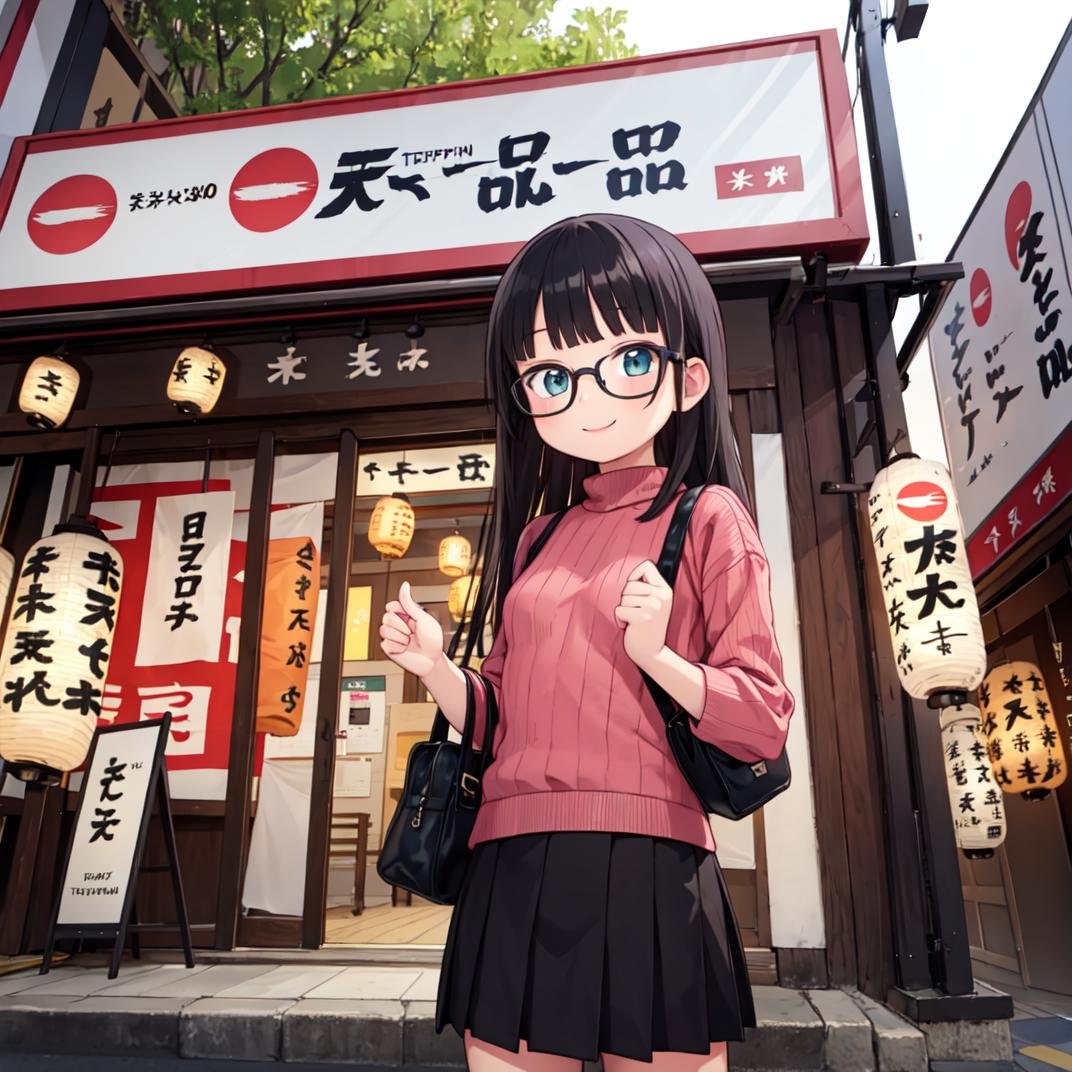 best quality, ultra-detailed, illustration,1girl, glasses, black hair, long hair, happy, smile, looking at viewer, standing, solo focus, ribbed sweater, skirt, handbag,tenkaippin, poster (object), outdoors, tree, road, street, shop, sign, storefront, lantern, building, paper lantern, banner, pavement, real world location, day, plant,<lora:tenkaippin_SD15_V2:0.8>