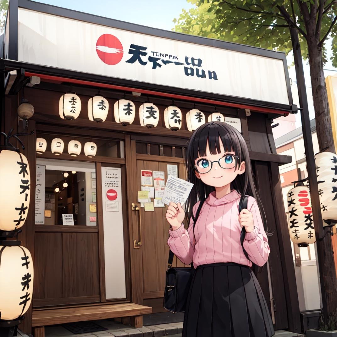 best quality, ultra-detailed, illustration,1girl, glasses, black hair, long hair, happy, smile, looking at viewer, standing, solo focus, ribbed sweater, skirt, handbag,tenkaippin, poster (object), outdoors, tree, road, street, shop, sign, storefront, lantern, building, paper lantern, banner, pavement, real world location, day, plant,<lora:tenkaippin_SD15_V2:0.8>