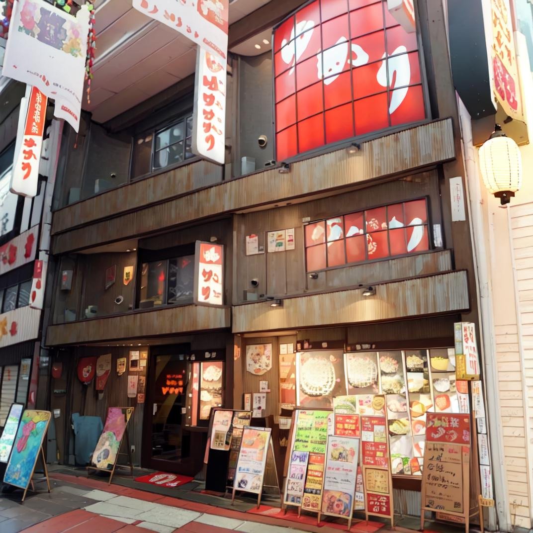 masterpiece, best quality, ultra-detailed, illustration,yukari, storefront, food, night, sign, paper lantern, lantern, shop, <lora:Okonomiyaki_Yakari_SD15_V1:1>