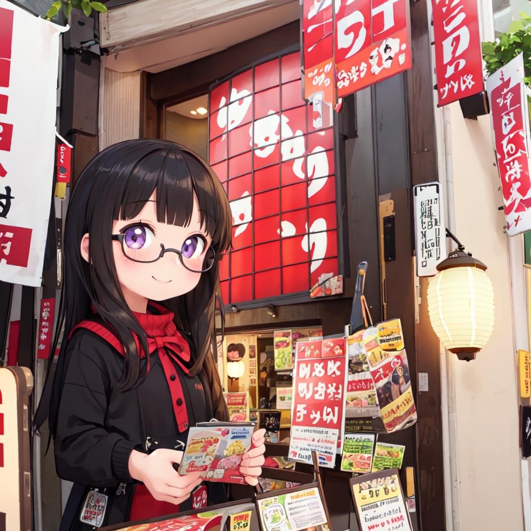 masterpiece, best quality, ultra-detailed, illustration,1girl, glasses, black hair, long hair, sweater, long skirt, shy smile, happy, v, looking at viewer, upper body,yukari, storefront, food, night, sign, paper lantern, lantern, shop,<lora:Okonomiyaki_Yakari_SD15_V1:0.8>