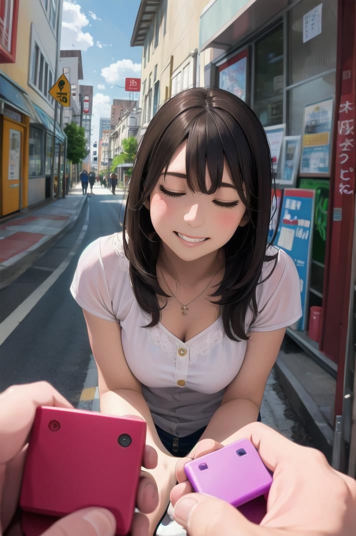 masterpiece, best quality, ultra-detailed, illustration,remote controller, remote control, 1girl, solo, closed eyes, brown hair, smile, holding, pov, realistic, street, road, city,  <lora:remocon_1_MID5_ResizeDIM32:1>