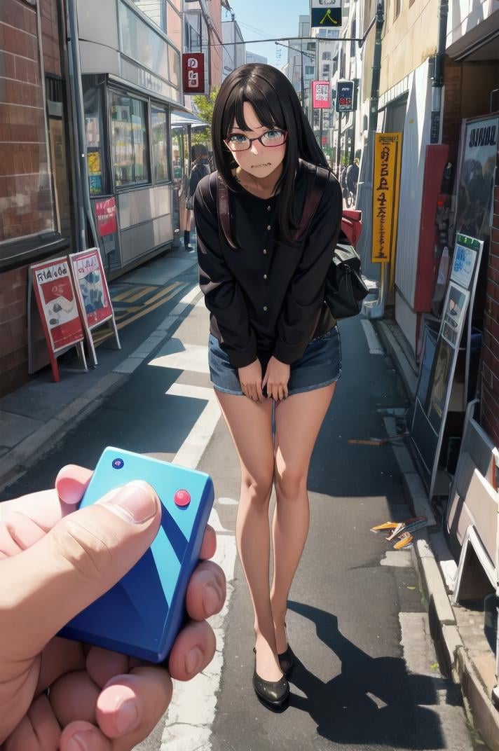 masterpiece, best quality, ultra-detailed, illustration,remote controller, remote control, 1girl, glasses, wavy mouth, embarrassed, road, street,  outdoors, holding, pov,  <lora:remocon_1_MID5_ResizeDIM32:1>