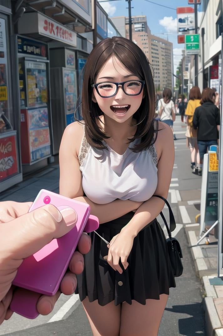 masterpiece, best quality, ultra-detailed, illustration,remote controller, remote control, 1girl, glasses, solo, brown hair, long hair, laughing, holding, pov, realistic, street, road, city,  <lora:remocon_1_MID5_ResizeDIM32:1>