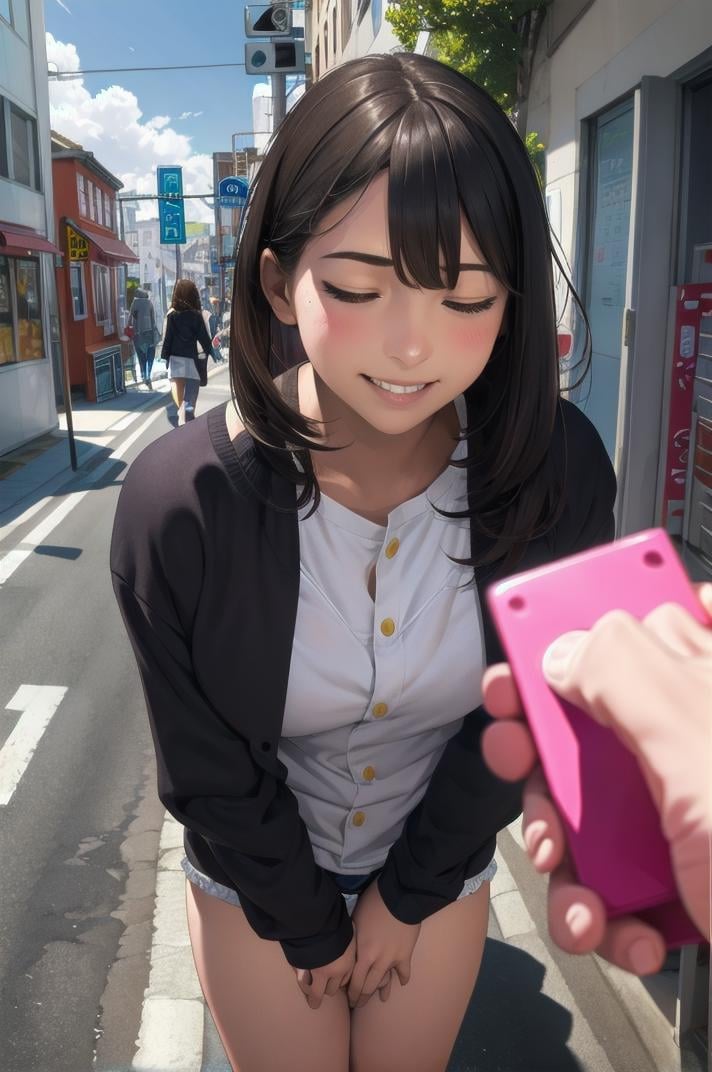 masterpiece, best quality, ultra-detailed, illustration,remote controller, remote control, 1girl, solo, closed eyes, brown hair, smile, holding, pov, realistic, street, road, city,  <lora:remocon_1_MID5_ResizeDIM32:1>