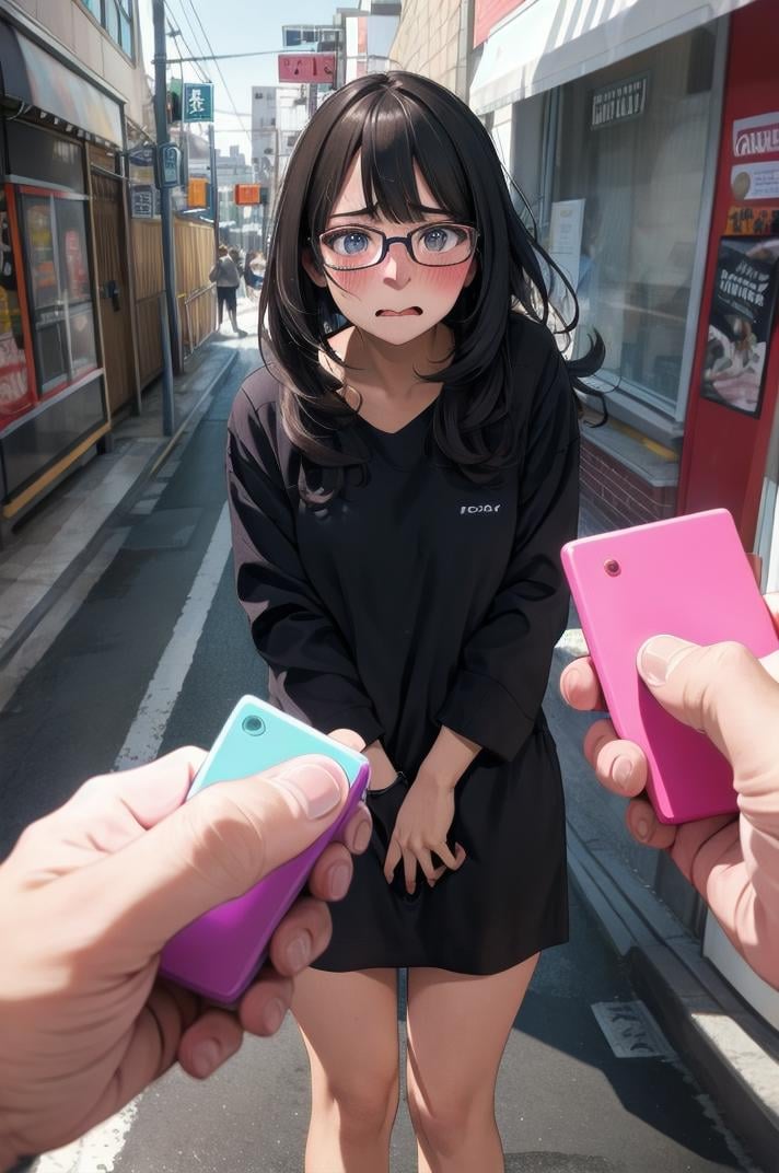 masterpiece, best quality, ultra-detailed, illustration,remote controller, remote control, 1girl, glasses, wavy mouth, embarrassed, panic, road, street,  outdoors, holding, pov,  <lora:remocon_1_MID5_ResizeDIM32:1>