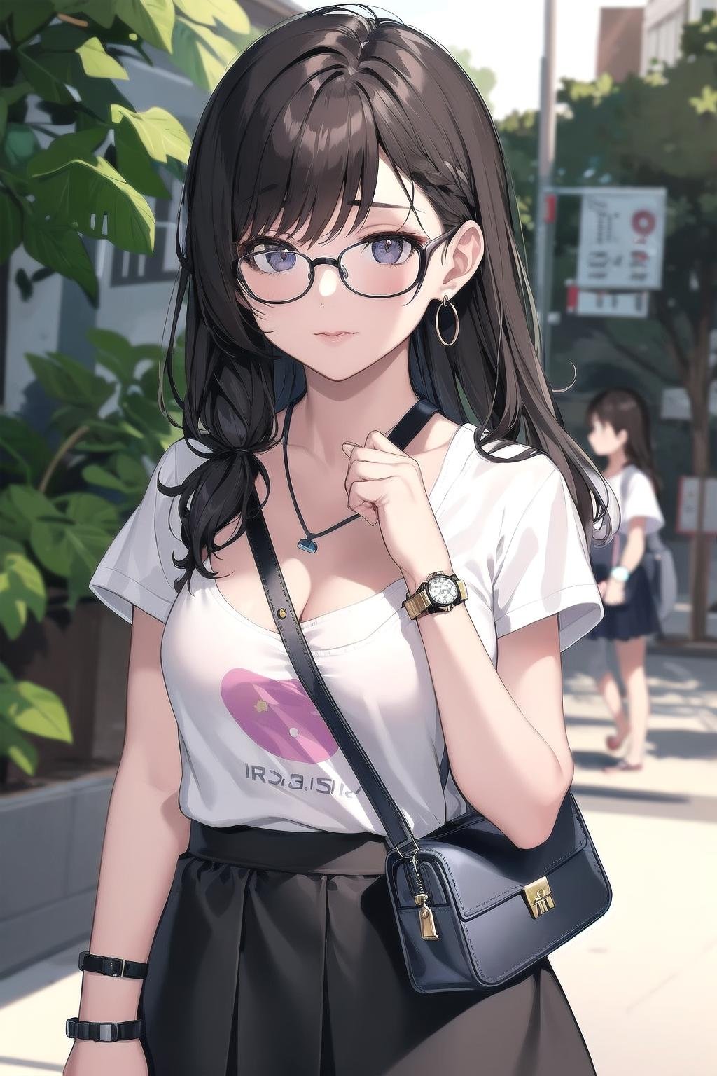 masterpiece, best quality, ultra-detailed, illustration,π/, paisura, 1girl, glasses, small breasts,  shirt, wristwatch, jewelry, strap between breasts,  earrings, long hair, white shirt, striped, short sleeves, black hair, striped shirt, bag, skirt, solo focus, blurry, t-shirt, between breasts,  necklace, handbag <lora:paisura_1.0_OUT34:1>
