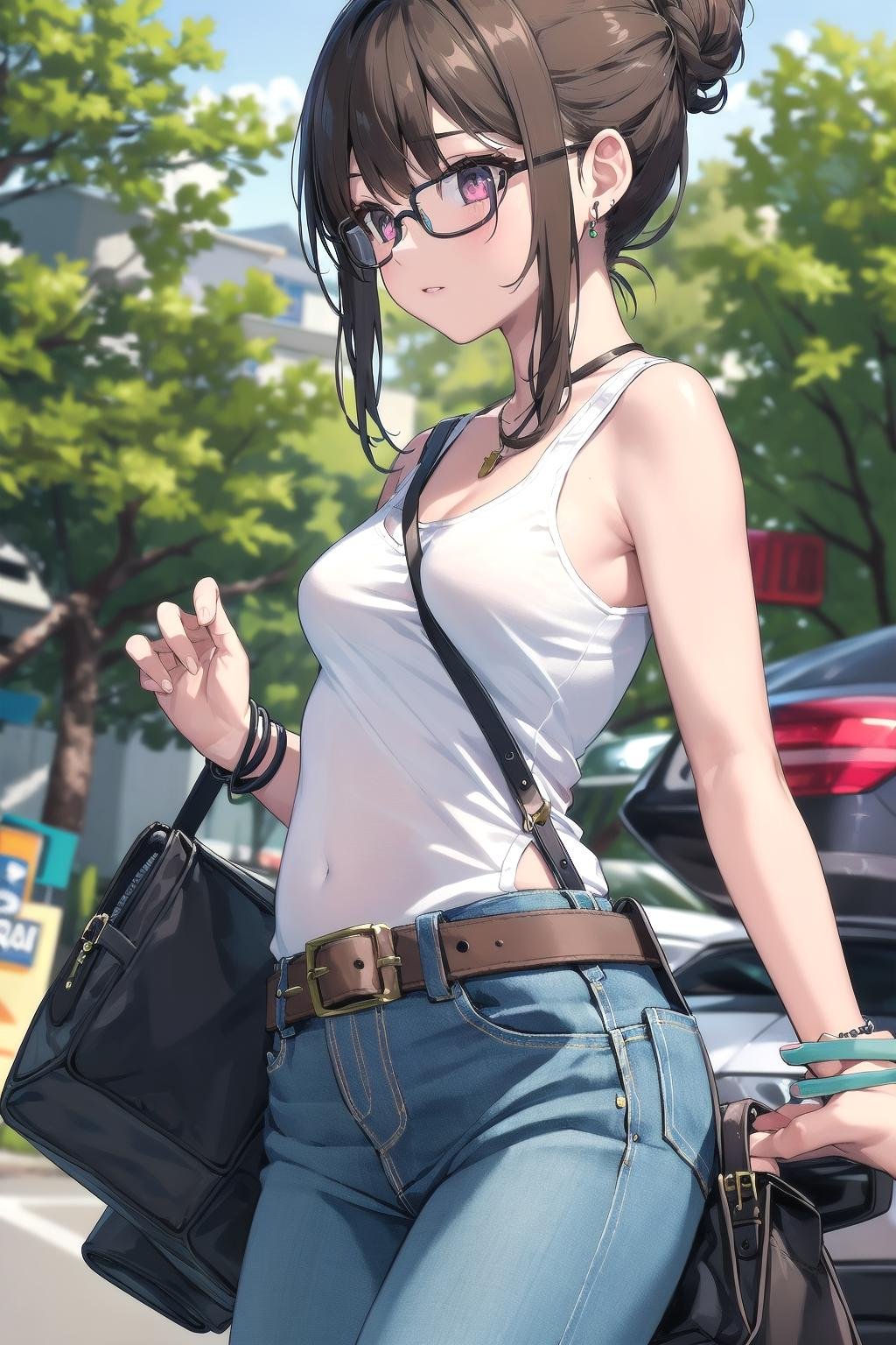 masterpiece, best quality, ultra-detailed, illustration,π/, paisura, 1girl, glasses, solo,  small breasts, strap between breasts, denim, pants, bag, jeans, ground vehicle, tank top, outdoors, blurry, jewelry, breasts, bare shoulders, blurry background, belt, bracelet, white tank top, handbag, brown hair, shirt, day, hair bun,<lora:paisura_1.0_OUT34_DIM32:1>
