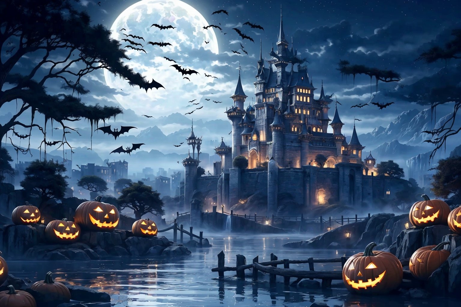  Best quality,8k,cg,bat,Floating Spirit,castle,Halloween